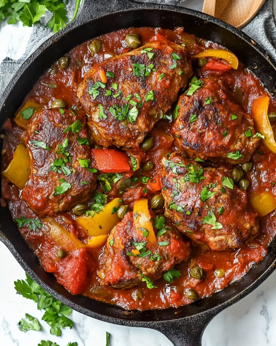 The image shows a close-up of a black cast iron pan filled with cooked chicken thighs in a rich, tomato-based sauce. The sauce is red with visible chunks of yellow and red bell pepper strips scattered around and on top of the chicken. Capers are sprinkled over the dish, adding small green-grey pops of color, along with fresh green parsley leaves for garnish. The texture of the sauce looks thick and somewhat oily, coating the meat and vegetables well. The pan sits on a white marbled surface. The photo taken with an iphone --ar 4:5 --v 6.1