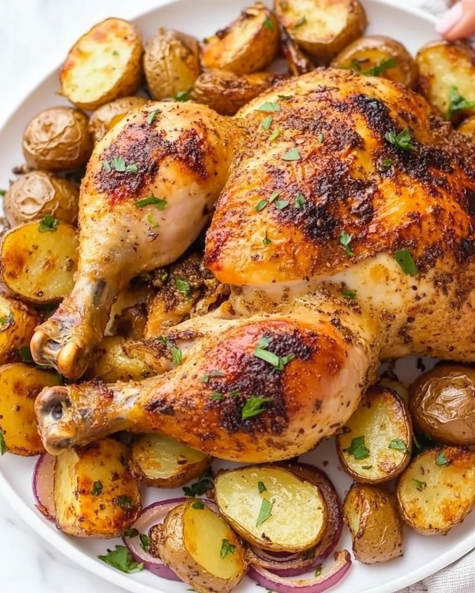 A whole roasted chicken lies flat in a black cast iron skillet, showing three main visible parts with golden brown, crispy skin with textured, crunchy patches on top. Around the chicken's base, there are several small, light yellow potatoes with smooth skins nestled close to the meat. The skillet is placed on a grill with dark metal bars underneath, and the background shows black and silver grill parts. The light shines brightly on the chicken, highlighting the warm orange and brown tones of the roast, while the potatoes catch soft light reflections. photo taken with an iphone --ar 4:5 --v 6.1