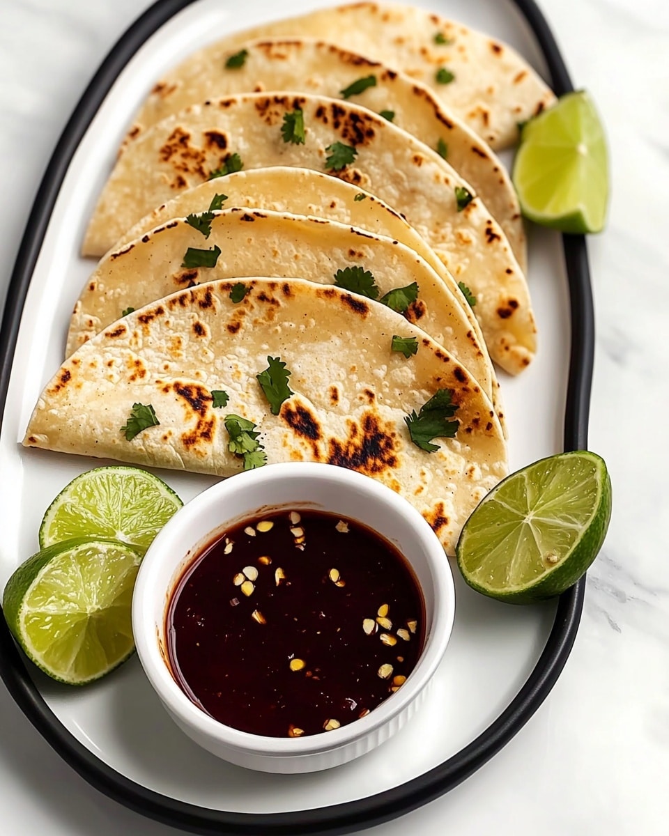 A close-up image shows a woman's hand holding a folded, golden-brown tortilla with charred spots, dipping it into a small white bowl filled with a dark reddish-brown sauce. The tortilla is being dipped halfway, with some sauce dripping off the edge. The bowl sits on a black tray that also holds two more folded tortillas and a lime wedge in the background. The scene is set against a white marbled surface, giving a clean and simple look. Photo taken with an iphone --ar 4:5 --v 6.1