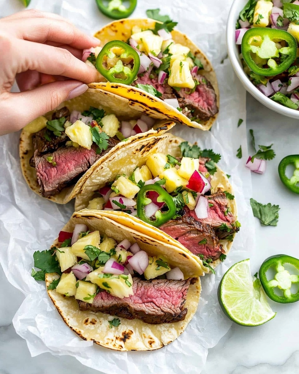 Three soft white tortillas hold layers starting with slices of medium-rare steak showing pink centers and a dark seared edge, topped with a fresh salsa made of small white, red, and green diced pieces, likely onion, radish, and herbs. Each taco is garnished with a bright green slice of jalapeno and scattered green cilantro leaves. Thin white radish slices peek out from underneath the meat, adding a bit of crunch. The tacos are arranged on a white marbled surface with extra cilantro and radish slices sprinkled around. Photo taken with an iphone --ar 4:5 --v 6.1