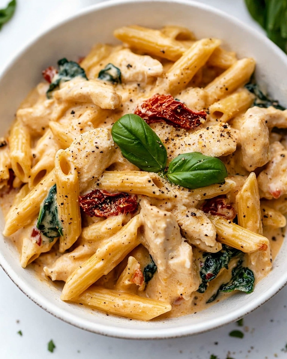 A white bowl filled with creamy penne pasta mixed with pieces of light golden chicken, small strips of dark red sun-dried tomatoes, and scattered green spinach leaves, all coated in a smooth, light orange sauce speckled with black pepper. A wooden spoon is partially submerged on the right side, mixing the pasta. The bowl sits on a white marbled surface with a small white bowl of green herbs in the upper right corner and a red cloth peeking from the lower right side. photo taken with an iphone --ar 4:5 --v 6.1