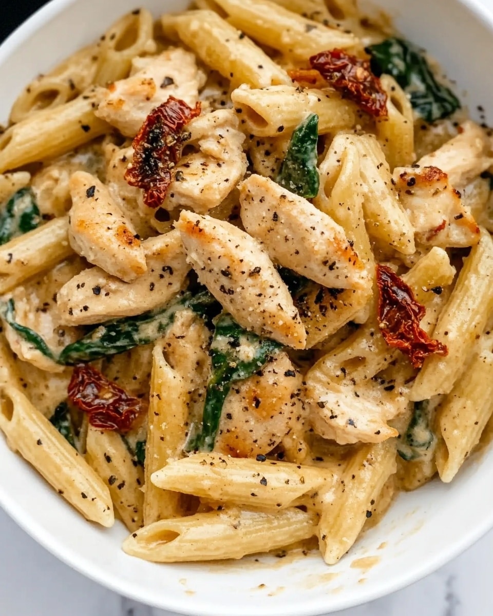 A white bowl filled with creamy penne pasta mixed with pieces of cooked chicken, wilted green spinach leaves, and slices of sun-dried tomatoes. The pasta and chicken are coated in a rich, light-colored sauce and sprinkled with black pepper on top. The bowl sits on a white marbled surface. photo taken with an iphone --ar 4:5 --v 6.1