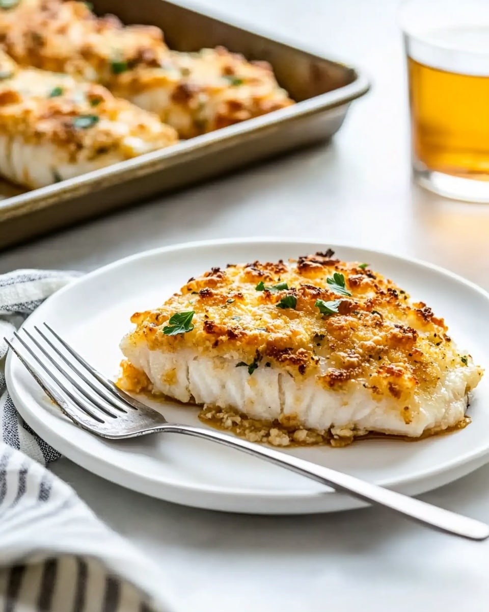 A single slice of white fish fillet sits on a white plate, topped with a thick, textured layer of golden-brown baked topping that looks cheesy and crunchy with hints of green herbs scattered on top. A silver fork rests on the plate beside the slice, and a striped cloth napkin is draped nearby. In the background, a baking tray holds several more pieces of the fish with the same topping, and a light amber-colored drink sits in a glass nearby. The whole scene is set on a white marbled surface. photo taken with an iphone --ar 4:5 --v 6.1