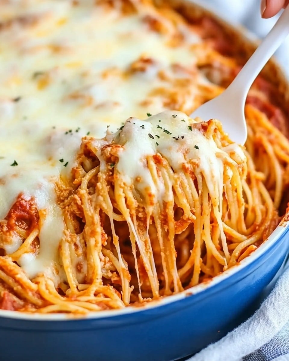 A white rectangular baking dish filled with a layered spaghetti casserole. The bottom layer is long spaghetti noodles mixed with ground meat and tomato sauce, showing a mix of orange and red colors with some chunks of meat and sauce. Above this is a thick, even layer of melted white cheese with spots of yellow cheese melted in, sprinkled lightly with green herbs. A silver fork is scooping out some of the pasta from the corner, revealing the layers clearly. The dish sits on a white marbled surface. photo taken with an iphone --ar 4:5 --v 6.1