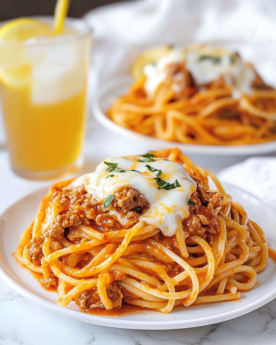 A blue ceramic pan filled with baked spaghetti covered in melted white cheese, with some golden brown crispy spots on top. A white fork, held by a woman's hand, lifts a portion of spaghetti noodles with sauce and a generous layer of melted cheese stretching from the pan. The spaghetti inside the pan shows a rich red tomato sauce mixed with the noodles. The surface below has a white marbled texture. photo taken with an iphone --ar 4:5 --v 6.1