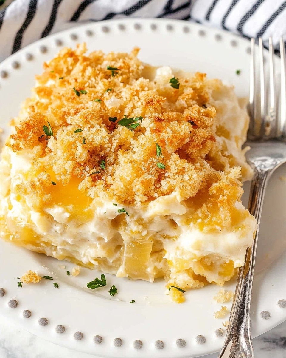 The image shows a white rectangular casserole dish filled with a baked casserole. The top layer is a golden brown crunchy crumb topping with small green herb pieces sprinkled throughout. Below the topping, there is a creamy white layer mixed with chunks of a soft ingredient that looks smooth and light. A wooden spoon is scooping up a portion of the casserole from the dish, showing a thick and rich texture with a mix of crunchy and creamy layers. The background is a white marbled texture. photo taken with an iphone --ar 4:5 --v 6.1