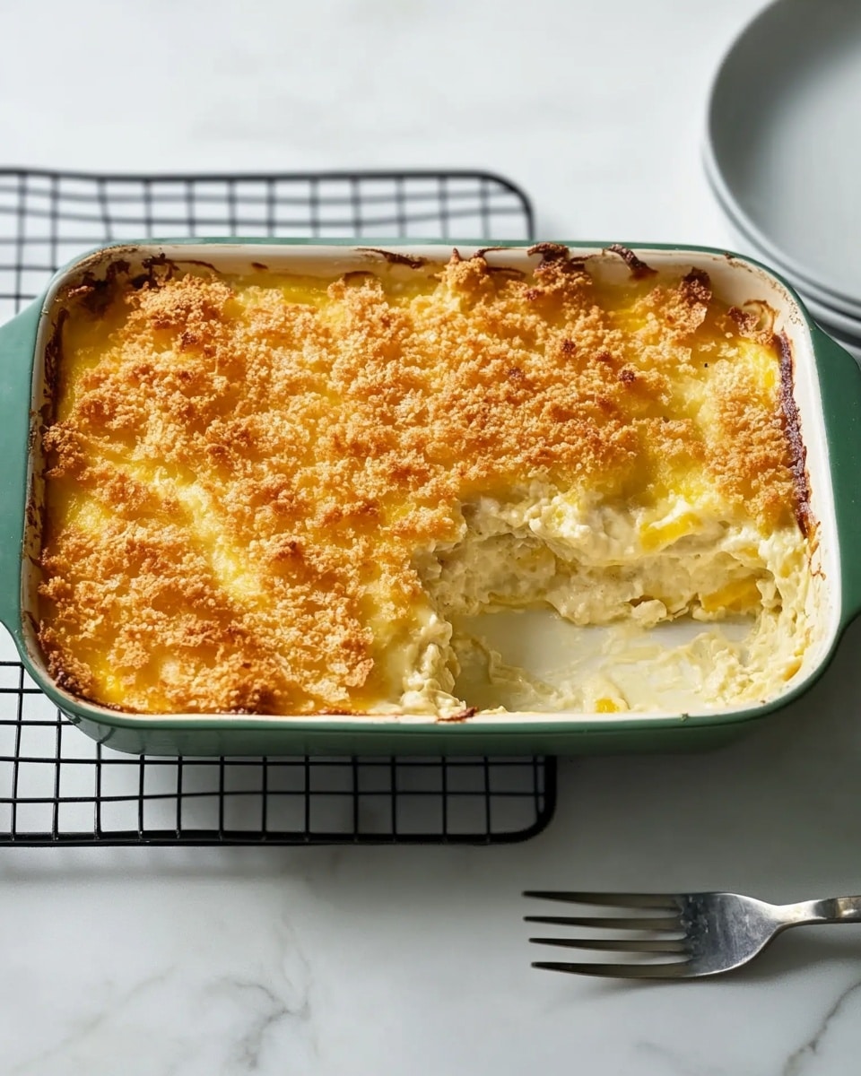 A rectangular baking dish with teal handles holds a casserole with two main layers. The bottom layer is creamy and smooth, light yellow in color, filling the whole dish evenly. The top layer is golden brown with a crispy, crumbly texture scattered across the surface with bits of melted cheese and browned crunchy topping spread irregularly over the creamy base. The dish sits on a black cooling rack over a white marbled surface. Photo taken with an iphone --ar 4:5 --v 6.1