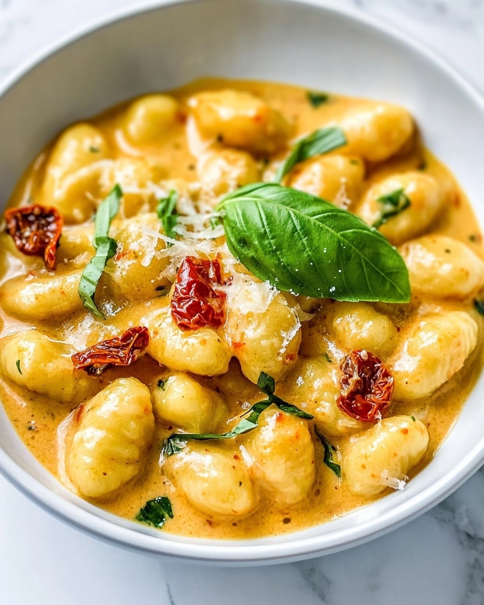A shallow white bowl filled with soft gnocchi pieces coated in a thick, creamy yellow-orange sauce. Mixed throughout the sauce are small bits of green herbs and pieces of sun-dried tomatoes that add pops of red. The dish is topped with a fresh green basil leaf and a light sprinkling of shaved white cheese. The creamy sauce looks smooth with tiny flecks of seasoning visible. The bowl sits on a white marbled surface photo taken with an iphone --ar 4:5 --v 6.1