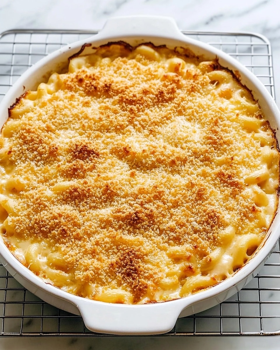 The image shows an oval white baking dish filled with a macaroni and cheese casserole. The top layer is golden brown with crunchy breadcrumbs scattered evenly across, creating a textured, slightly uneven surface. The edges of the casserole show a hint of creamy cheese bubbling up with a light golden hue. The dish is placed on a metal cooling rack, which lies on a white marbled surface. Photo taken with an iphone --ar 4:5 --v 6.1