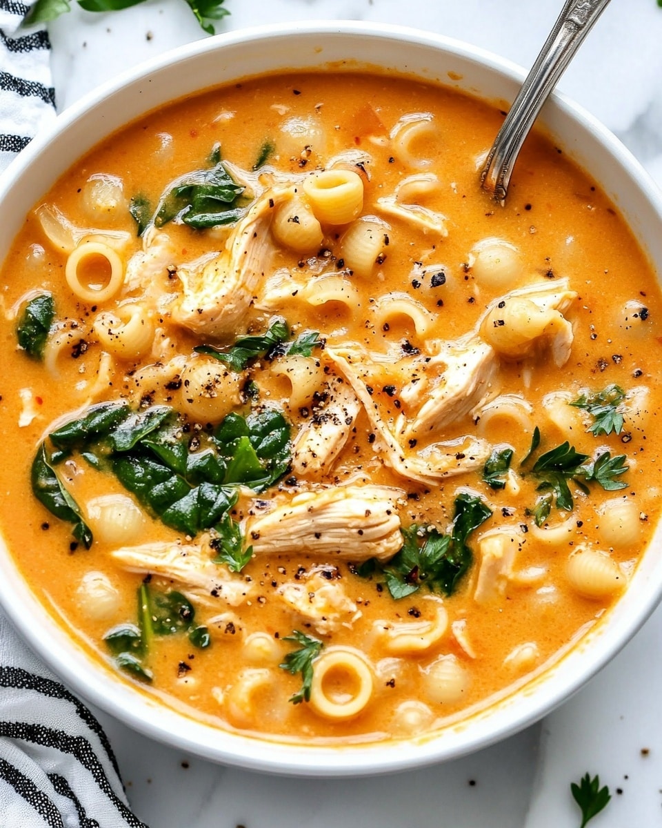 A white bowl filled with a creamy orange soup that has small round pasta pieces scattered throughout. There are chunks of cooked chicken and dark green spinach leaves mixed into the soup. The surface of the soup is sprinkled with finely chopped green parsley and small black pepper specks. A silver spoon rests on the right side of the bowl, partly submerged in the soup. The bowl is placed on a white marbled surface with a white and black striped cloth partially visible at the bottom left. Photo taken with an iphone --ar 4:5 --v 6.1