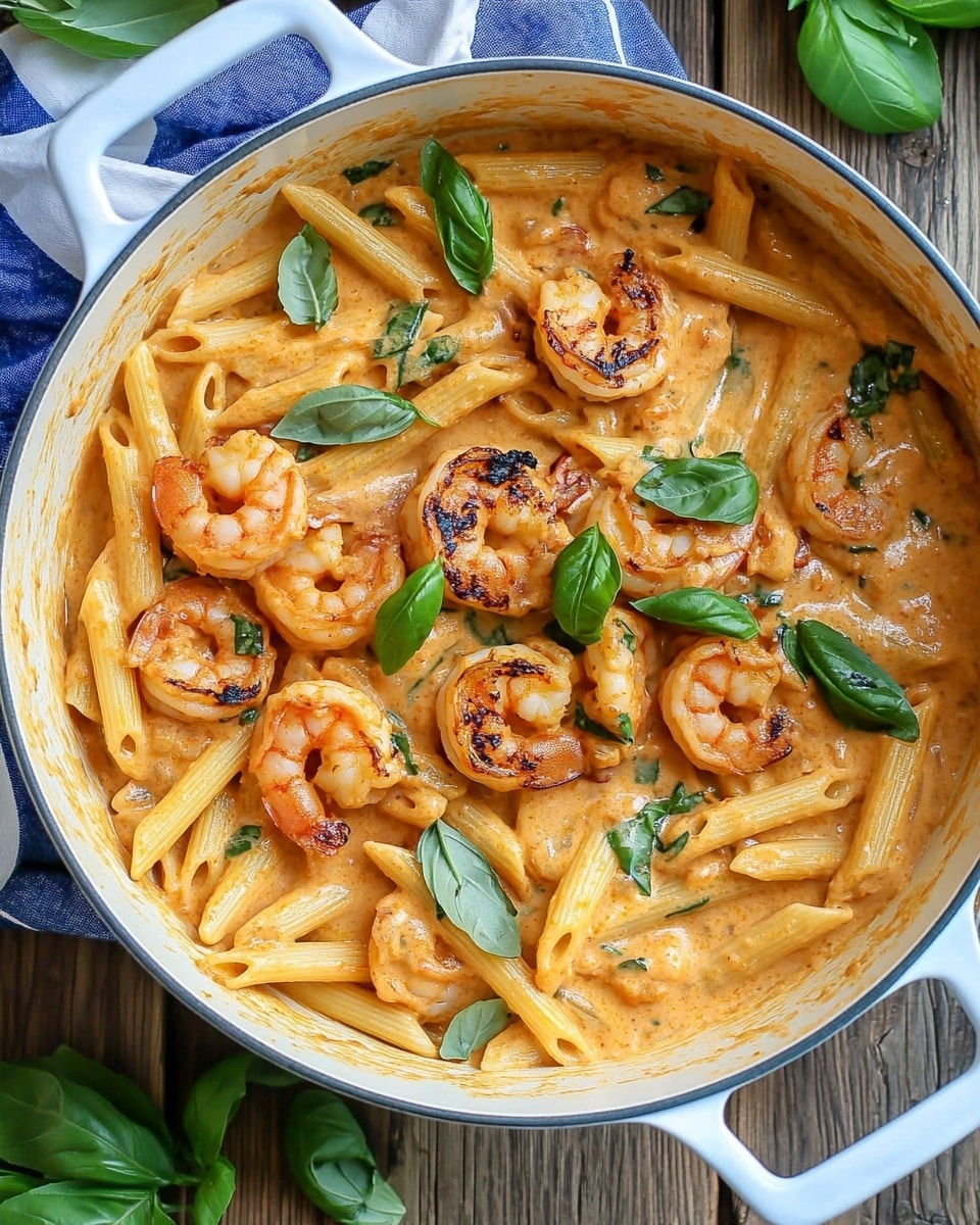 A white pot filled with penne pasta and large shrimp in a creamy orange sauce, scattered with small green basil leaves. The pasta is thick and coated evenly with the sauce, while the shrimp have a browned, grilled texture on their surface. The pot rests on a wooden table with green basil leaves placed around it and a small white bowl of uncooked penne pasta nearby. A blue and white striped cloth is partially visible behind the pot. photo taken with an iphone --ar 4:5 --v 6.1