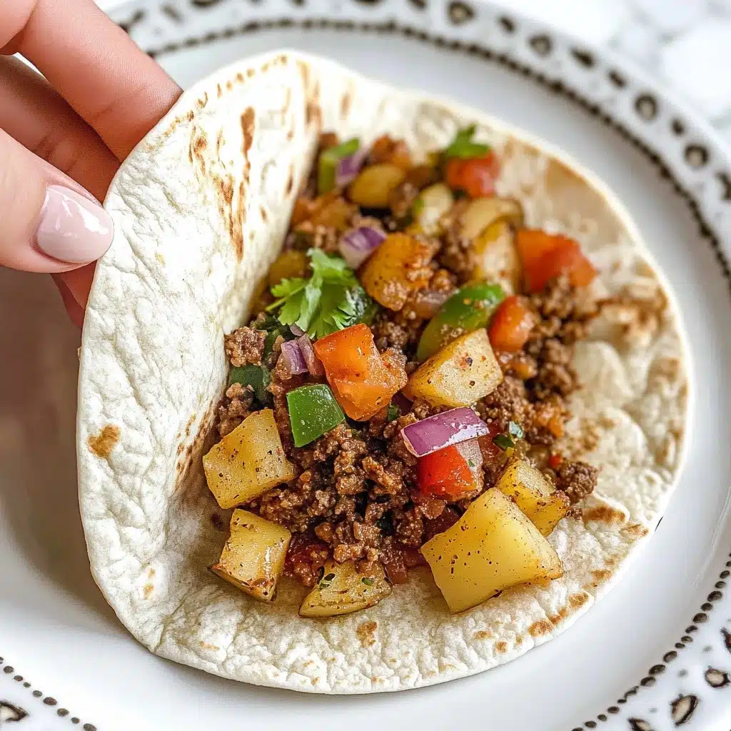 Mexican Picadillo, Mexican Picadillo Recipe, Easy Mexican Dinner, Ground Beef Mexican Dish, Comfort Food Recipes A soft white tortilla wrapped around three main layers: at the bottom, browned ground meat with a crumbly texture; above that, golden-brown roasted potato cubes with a slightly crispy surface; on top, a colorful mix of finely chopped green bell peppers, red onions, and orange tomatoes mixed with fresh herbs. The tortilla with the filling is held by a woman's hand over a white marbled surface, resting on a white plate with a simple patterned rim. Small bits of red chili flakes are scattered around the plate.