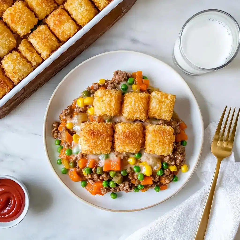 Classic Tater Tot Hotdish, Tater Tot Hotdish Recipe, Easy Tater Tot Casserole, Comfort Food Hotdish, Minnesota Tator Tot Bake The image shows a white plate with a layered dish arranged in a square shape. The bottom layer is a mix of ground meat and colorful vegetables like green peas, orange carrots, and yellow corn, all covered in a creamy white sauce. On top, there are two neat rows of golden-brown tater tots, nine in total, providing a crunchy texture. The plate sits on a white marbled surface next to a folded white napkin with a gold fork on it. To the right of the plate, there is a small container with red ketchup, and to the top left, part of a glass filled with a cold drink with ice cubes is visible. A casserole dish with more of the same layered food is partly seen on the left side of the frame.
