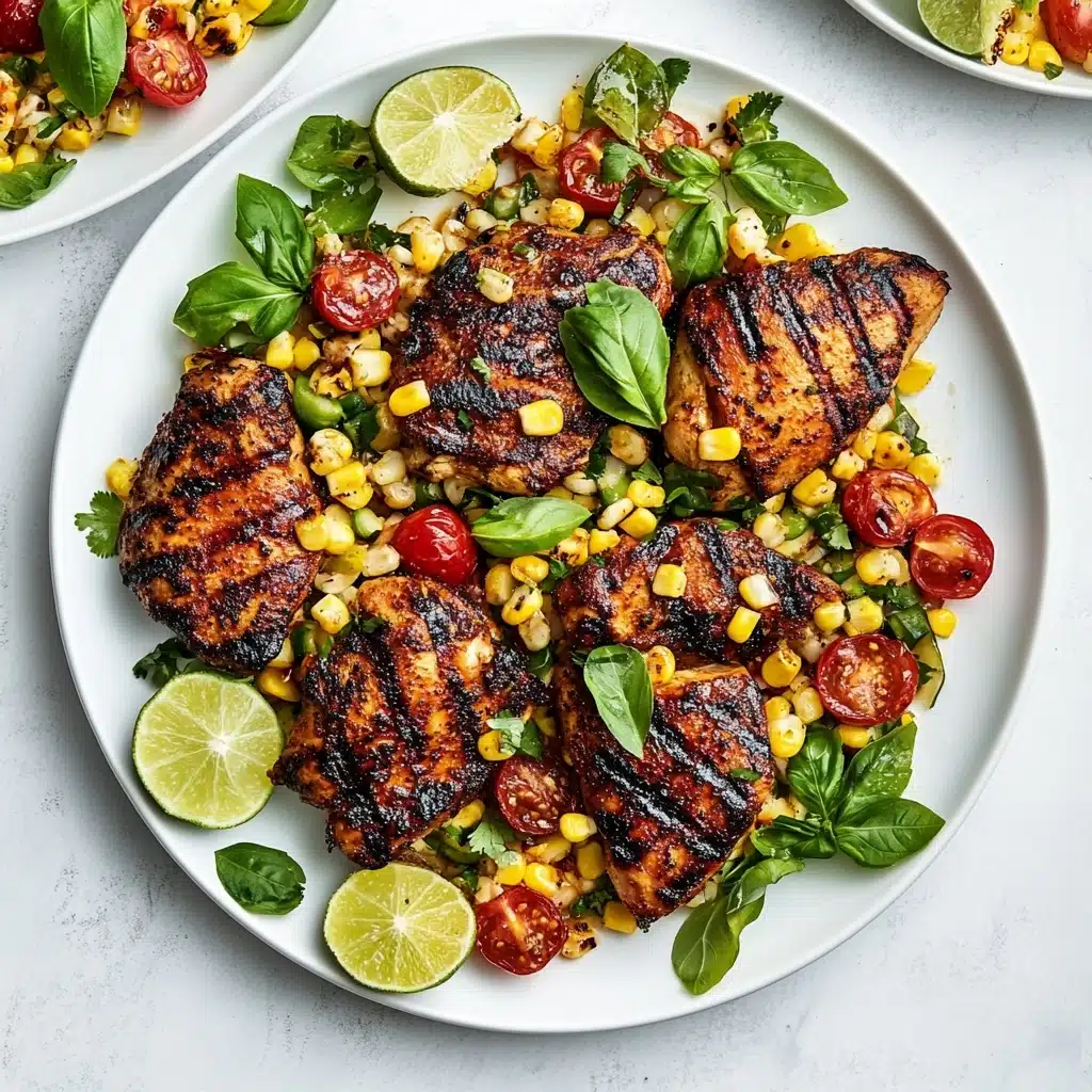 Grilled Chicken Thighs with Vibrant Succotash, flavorful grilled chicken thigh recipe, summer chicken and succotash ideas, easy grilled chicken dinner, healthy grilled chicken and vegetable dish A round white plate sits on a white marbled surface, filled with five pieces of grilled chicken showing dark grill marks and a reddish-brown color. Around and under the chicken, there is a bright mix of yellow corn kernels, pale white beans, and fresh green herbs like cilantro and basil leaves. Scattered red cherry tomato halves add pops of color, and several fresh lime wedges with a bright green rind and juicy pale green flesh are placed on top and around the chicken pieces, adding contrast and freshness to the dish. The arrangement is vibrant and colorful, with a good balance of textures and colors,