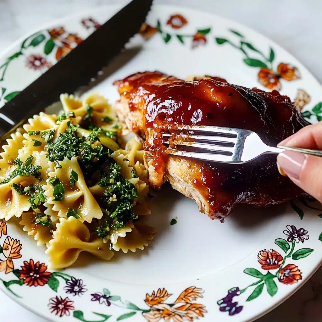 Oven BBQ Chicken, easy BBQ chicken, baked BBQ chicken, flavorful chicken dinner, no grill BBQ chicken The image shows a close-up of a white plate with colorful flower and leaf patterns holding a meal that includes a thick piece of roasted chicken coated in shiny dark red barbecue sauce on the right side and a portion of bowtie pasta mixed with chopped green herbs and cheese on the left. A woman's hand is holding a fork with a piece of the chicken, while a knife rests nearby on the plate. The background is a white marbled surface, creating a clean and bright setting.