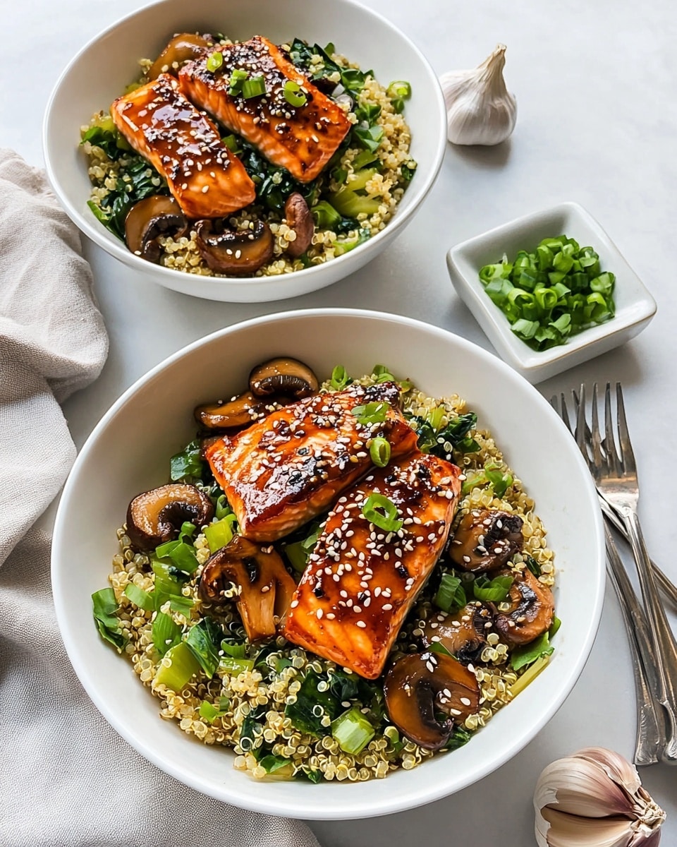 Teriyaki Salmon Bowl with Vegetables and Avocado, healthy salmon bowl, easy salmon dinner, quick veggie and fish bowl, flavorful salmon rice bowl Two white bowls are filled with a colorful dish; each has a base layer of light yellow quinoa mixed with sautéed green leafy vegetables and sliced brown mushrooms. On top, there are five pieces of glazed salmon with a shiny, dark reddish-brown sauce, sprinkled with white sesame seeds and chopped green onions. The bowls sit on a white marbled surface next to a beige cloth with two silver forks and a small white square bowl filled with chopped green onions. A garlic bulb is also placed near the bowls. The photo is taken with an iphone