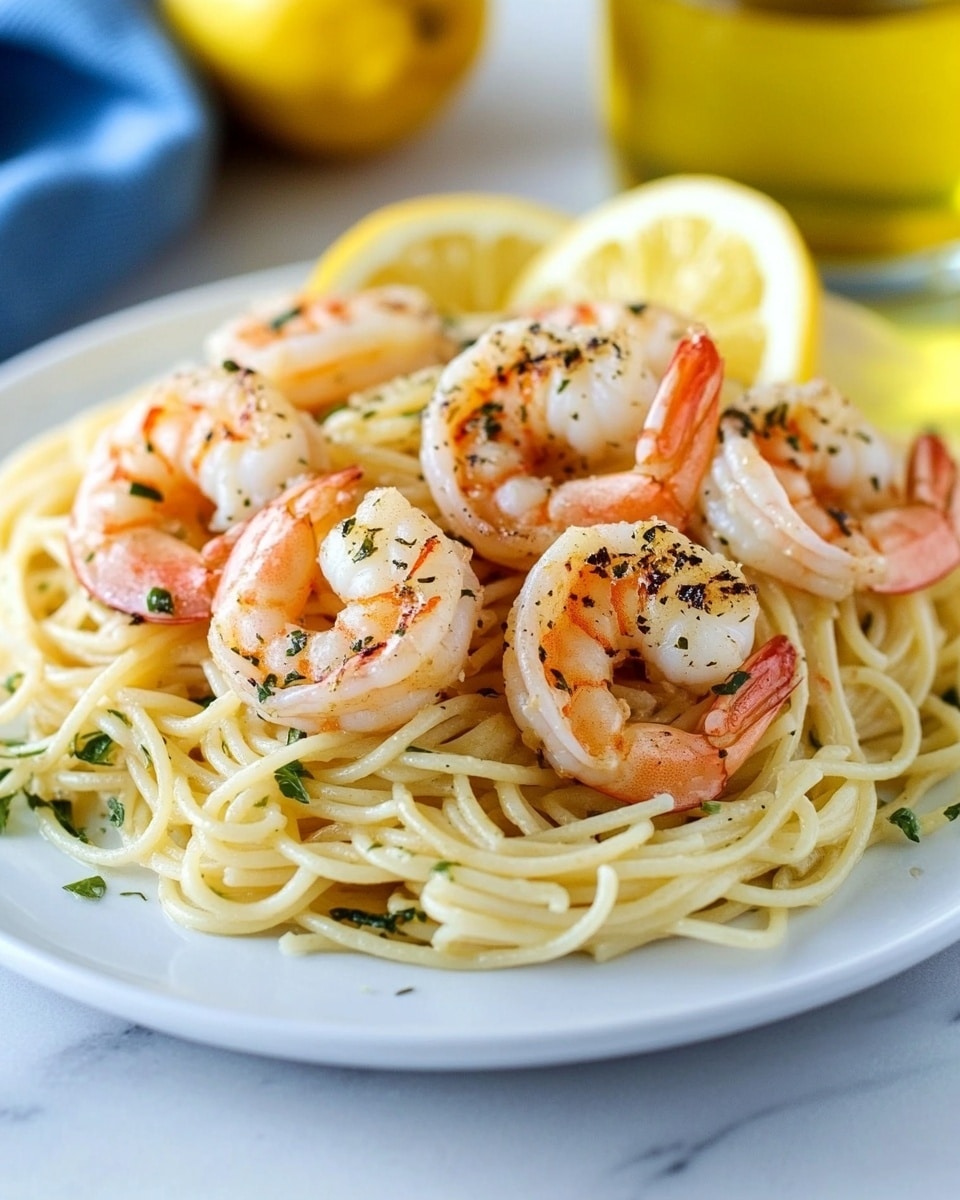 Lemon Garlic Shrimp Linguine, seafood pasta recipes, quick shrimp pasta, easy lemon garlic shrimp, weeknight dinner ideas A white plate holds a serving of spaghetti pasta, light yellow in color with a slight sheen from olive oil and small bits of herbs scattered throughout. On top of the spaghetti sit six pink and slightly charred shrimp, arranged in a loose circle, each shrimp showing a firm texture with green herb flecks. Behind the shrimp are two lemon slices with bright yellow peel and juicy, translucent flesh. The plate rests on a white marbled surface with a soft blue cloth partially visible at the bottom right. In the background, there are blurred elements including a glass container with yellow oil and a bowl with reddish seasoning.
