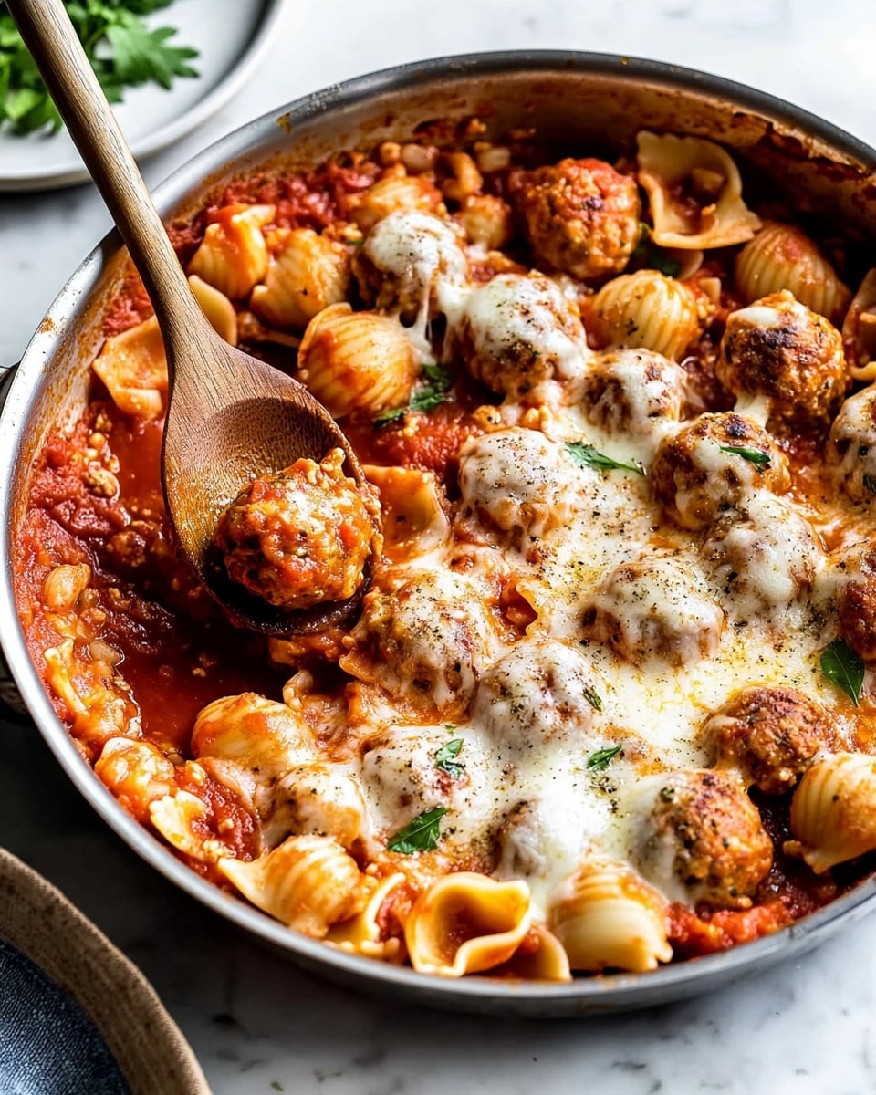 Orecchiette with Baked Mini Chicken Meatballs in Tomato Cream Sauce, chicken meatball pasta, baked chicken meatballs, creamy tomato pasta, easy comfort dinner The image shows a large metallic pan on a white marbled surface holding a dish with three layers. The bottom layer consists of a red tomato-based sauce with a smooth and slightly thick texture. The middle layer has many small, round, golden brown meatballs spread throughout the pan. The top layer is made of small pasta shells in a light beige color, mixed evenly with the sauce and meatballs, some coated in melted white cheese sprinkled with green parsley flakes. A wooden spoon is lifting one meatball with pasta on it from the pan. In the corner, a white plate contains a serving of the same dish, matching the contents of the pan.