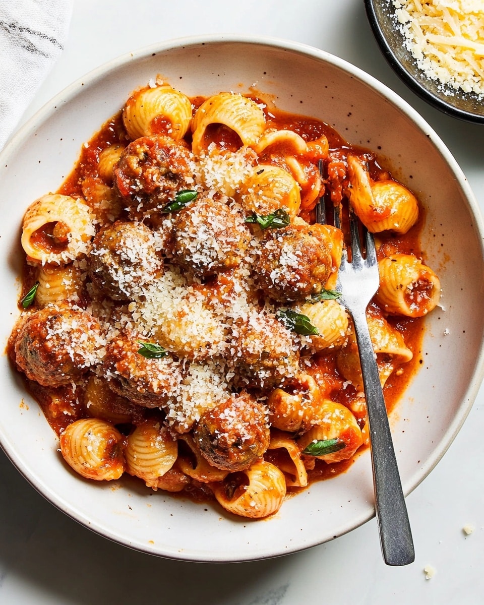 Orecchiette with Baked Mini Chicken Meatballs in Tomato Cream Sauce, chicken meatball pasta, baked chicken meatballs, creamy tomato pasta, easy comfort dinner A white bowl filled with round pasta pieces covered in bright red tomato sauce, mixed with browned meatballs scattered throughout. The pasta and meatballs are sprinkled with grated cheese that adds a light, powdery texture on top. A shiny silver fork rests inside the bowl on the right side, partially covered with sauce. The bowl is placed on a white marbled surface, and next to it on the right side is a small black bowl filled with more grated cheese.