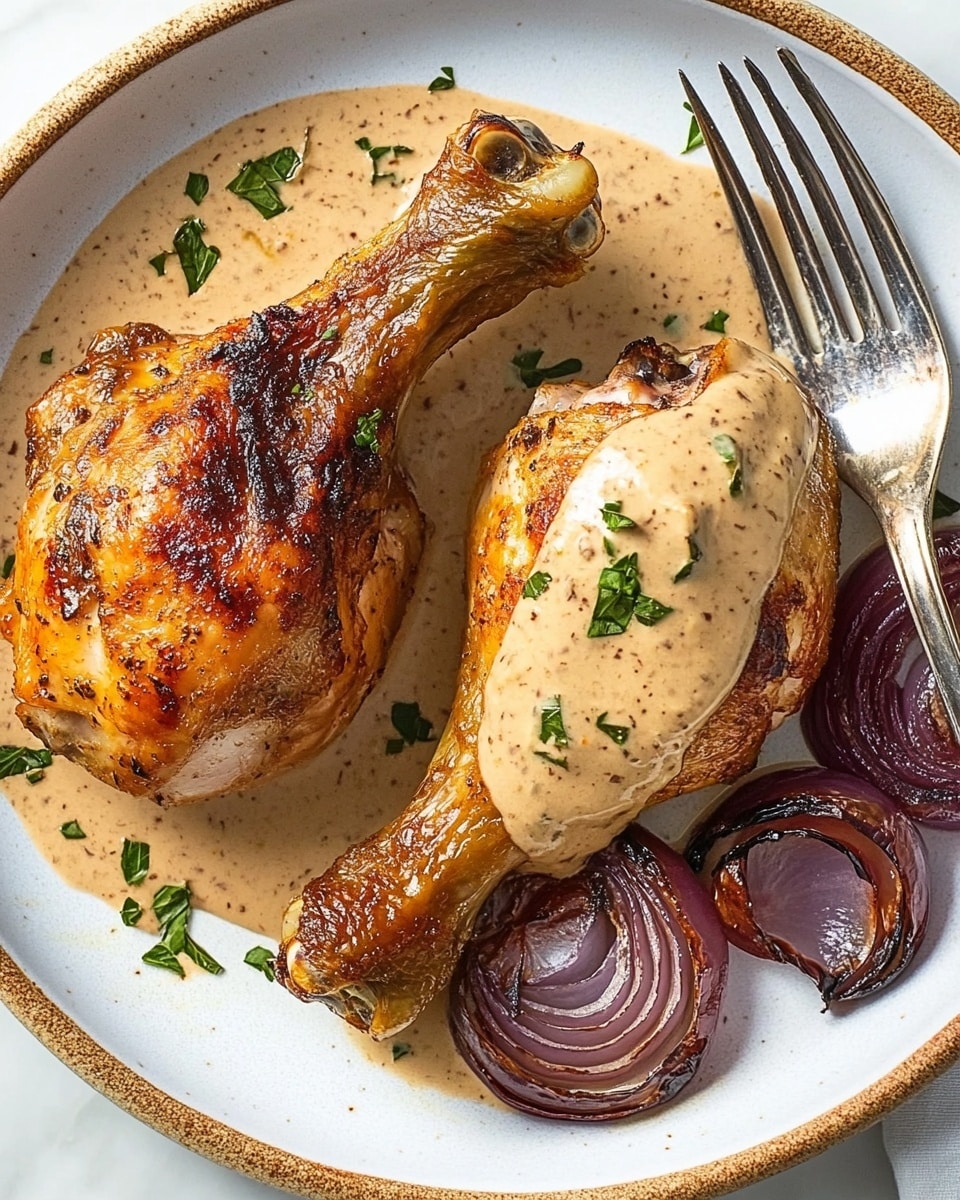 Sheet-Pan Roasted Red Onion Chicken, roasted red onion chicken recipe, easy sheet-pan chicken dinner, flavorful weeknight chicken, caramelized onion chicken A whole roasted chicken sits in the center of a metal tray, showing a golden-brown skin with dark spice rubs covering the top and sides. The chicken's legs are stretched out and slightly raised, with one side partially resting on a bed of roasted purple onion slices that have darkened edges and a caramelized texture. The tray collects juices and bits of cooked onion around the chicken’s base. The background is a simple, light off-white color, and the tray rests on a white marbled surface.