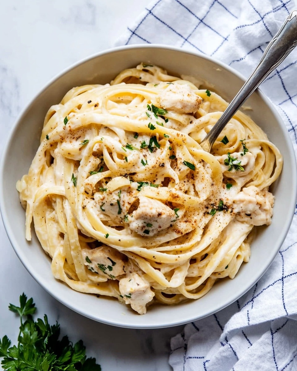 One Pot Cajun Chicken Alfredo, Cajun chicken pasta, easy Cajun pasta recipe, creamy Cajun chicken pasta, one pot pasta dinner The image shows a close-up of a white pot filled with creamy fettuccine pasta mixed with small pieces of chicken. The pasta is light yellow, coated in a smooth light cream sauce, and scattered with finely chopped green herbs. The chicken pieces are white with a slight golden brown edge and sprinkled with a light dusting of paprika or similar seasoning. A wooden spoon is partly visible stirring the dish against a white marbled background.