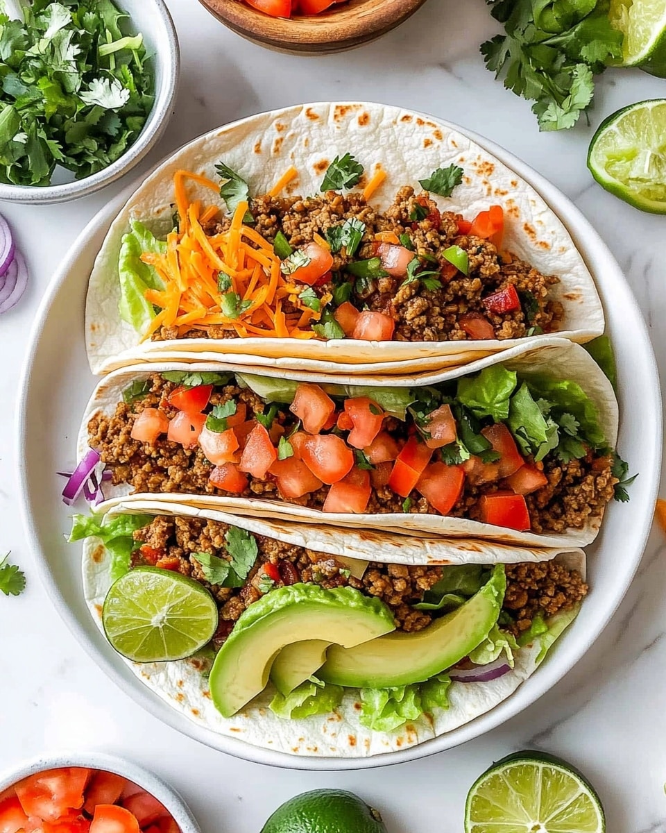 The Best Instant Pot Taco Meat, Instant Pot Taco Meat, Quick Taco Meat Recipe, Healthy Taco Meat, Easy Dinner Ideas Two soft tortillas with light brown char marks hold a colorful mix of layers. The bottom layer is shredded light green lettuce, topped with diced red tomatoes and small pieces of purple onion. On top of the vegetables, there is cooked ground meat mixed with tiny bits of orange carrots and green herbs. Each taco is finished with slices of bright green avocado and a light sprinkle of yellow and white shredded cheese. All is placed on a white plate set on a white marbled surface.