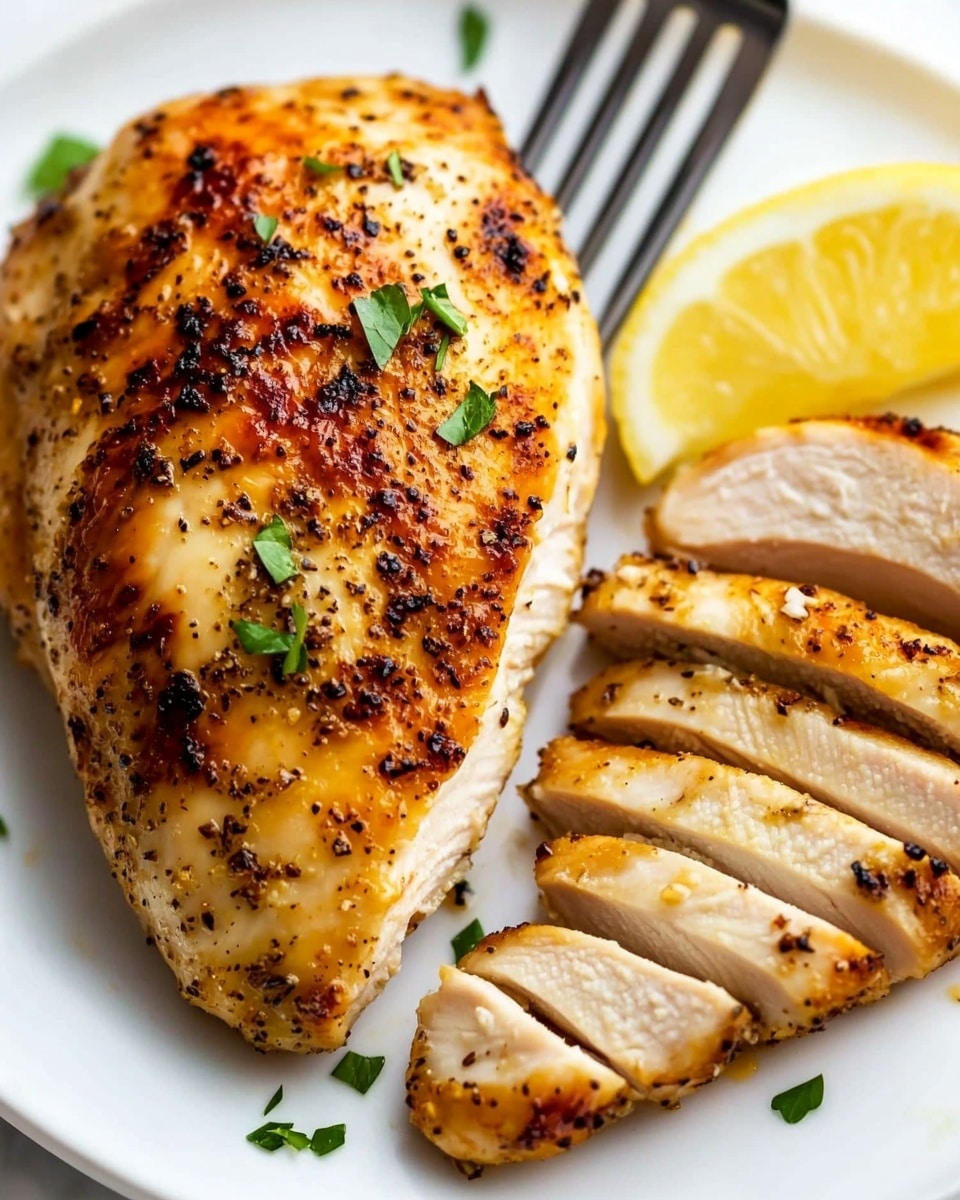 Air Fryer Chicken Breast, healthy chicken breast, easy chicken dinner, juicy chicken breast, quick air fryer chicken A close-up view of a white plate with two pieces of cooked chicken on a white marbled surface. The chicken breast on the left is whole, golden brown, and slightly shiny with visible black pepper and small green herb pieces scattered on top. To the right, there is the other chicken breast, sliced into even pieces showing the tender white inside. A silver fork is inserted into the sliced chicken near the top of the image, while a thin wedge of lemon sits partially visible below the sliced chicken, adding a pale yellow color. The scene is brightly lit, highlighting the juicy texture of the chicken and fresh green herbs.