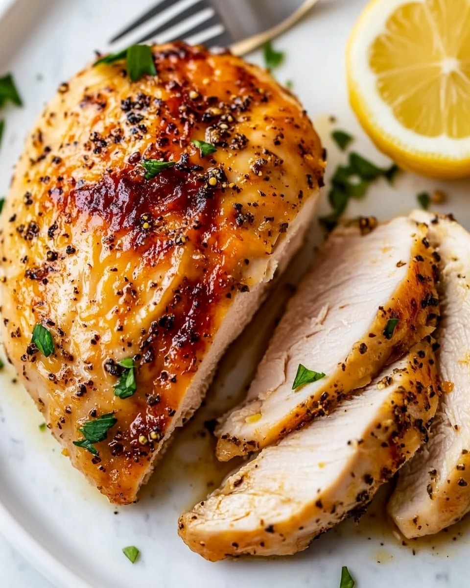 Air Fryer Chicken Breast, healthy chicken breast, easy chicken dinner, juicy chicken breast, quick air fryer chicken A white plate on a white marbled surface holds a roasted chicken breast with a golden brown surface, speckled with black pepper and green herb bits. To the right, a sliced portion of the chicken shows tender white meat with browned edges, arranged in a slight arc. Two lemon wedges rest on the plate, one behind the whole chicken breast and one near the sliced portion. Silver forks lie at the bottom right of the plate, partly under the sliced chicken. The scene is bright and clear, showing the juicy texture with small herb sprinkles on top