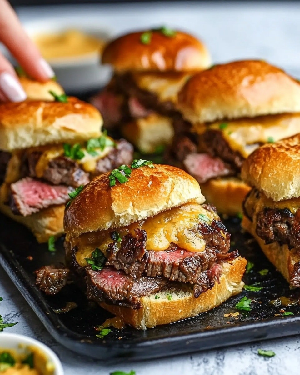 Cowboy Butter Steak Sliders, steak sliders with cowboy butter, hearty beef sliders recipe, savory burger sliders, easy steak sliders for parties The image shows nine small sandwiches arranged in three rows on a black tray, placed on a white marbled surface. Each sandwich has a shiny, golden-brown top bun sprinkled with green herbs and small bits of a crumbly topping layer. Underneath the bun, there is a thick layer of pulled meat that looks tender and juicy, with visible strands of the filling peeking out from the sides. The bottom bun is slightly thicker and golden, holding the filling firmly. Small slices of green jalapeño peppers are scattered around the tray edges.