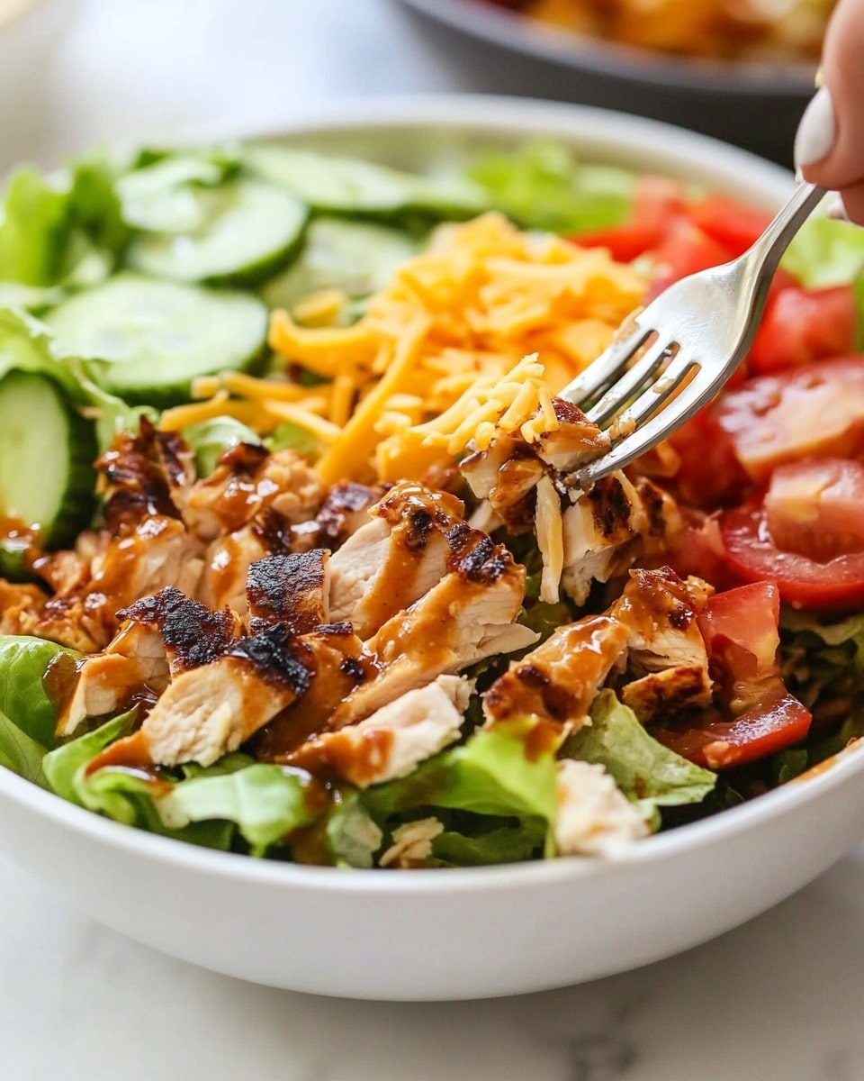 BBQ Chicken Bowls, easy BBQ chicken dinner, healthy chicken bowl ideas, flavorful meal prep recipes, quick weeknight chicken bowls A white bowl is filled with a colorful layered salad. The bottom layer consists of bright green lettuce leaves, topped with chunks of light brown grilled chicken pieces. Over this, there are diced red tomatoes and slices of green cucumber. Shredded yellow cheddar cheese is sprinkled on top, along with small bits of crispy light brown tortilla strips. Some creamy white dressing and dark brown sauce are drizzled across the salad. A woman's hand is holding a fork lifting a mixed bite from the bowl. The bowl sits on a white marbled surface.