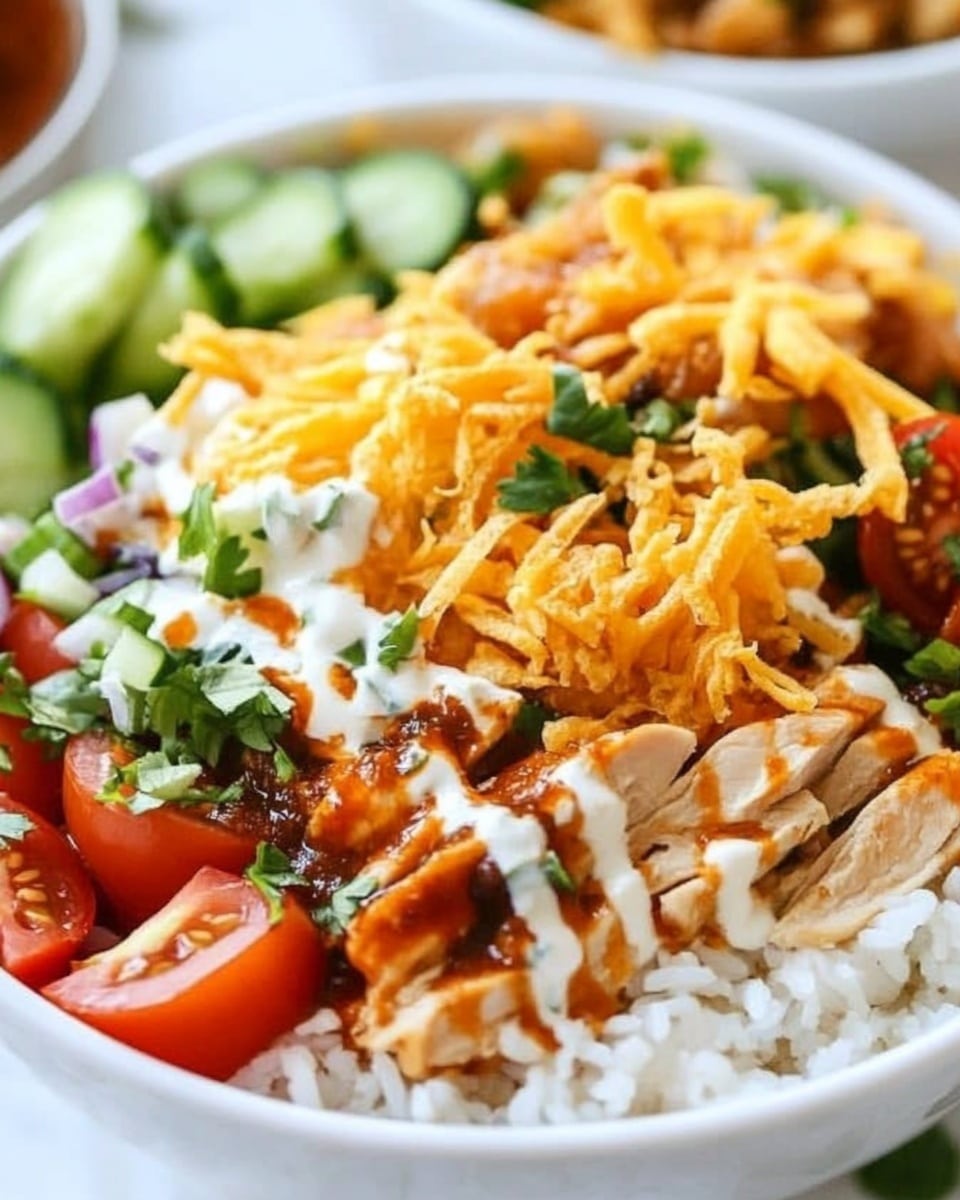 BBQ Chicken Bowls, easy BBQ chicken dinner, healthy chicken bowl ideas, flavorful meal prep recipes, quick weeknight chicken bowls The image shows a white bowl filled with a colorful layered dish. The base layer appears to be white rice mixed with finely chopped green herbs. Above this are diced red tomatoes and cucumbers placed on the sides. On top of the vegetables, there are chunks of cooked chicken mixed with melted orange-yellow shredded cheese. Thin, crispy fried onion strings are scattered over the top layer, along with drizzles of white creamy sauce and a darker brown sauce. A woman's hand is holding a spoon that is digging into the bowl. The bowl sits on a white marbled surface, and another bowl of food is visible blurred in the background.