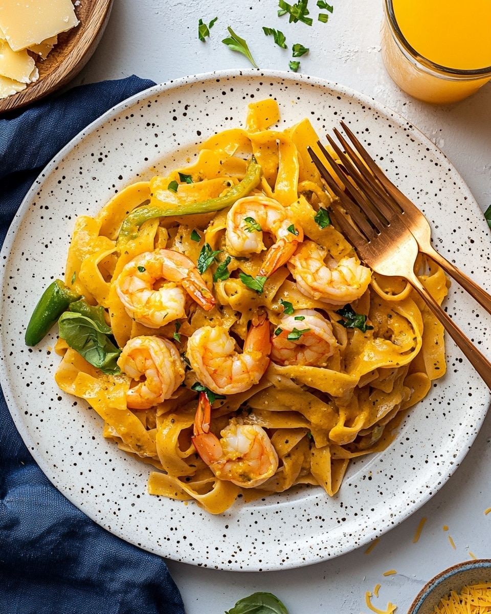 Creamy Cajun Shrimp Pasta, Cajun Shrimp Pasta with Pappardelle, Spicy Cajun Pasta Recipe, Creamy Seafood Pasta, Easy Cajun Pasta Dinner The dish shows a white speckled plate with creamy orange pasta noodles mixed with green bell pepper strips and several cooked shrimp scattered on top and inside the pasta. The sauce looks smooth and thick, coating the noodles and shrimp evenly, with a sprinkle of green herbs on the dish. The plate has a bronze fork on either side, resting on a white marbled surface with small green leaves around it. Nearby, a glass of orange juice and a small wooden bowl filled with shaved cheese pieces are visible, along with a small black bowl of dried herbs.