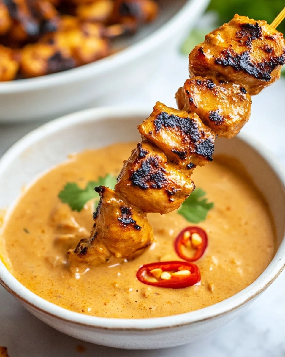 Chicken Satay with Easy Peanut Sauce, Chicken Satay marinade, flavorful peanut sauce, easy Asian chicken dish, quick dinner ideas A white plate filled with several skewers holding grilled, golden-orange chicken pieces with visible dark grill marks, placed on a white marbled surface. Fresh green cilantro leaves garnish the side of the plate, along with a wedge of lime. Next to it, on the same white marbled surface, a small bowl holds a creamy orange sauce topped with crushed peanuts and thin slices of red chili. Another small bowl with a clear orange dipping sauce sits beside the bowl.