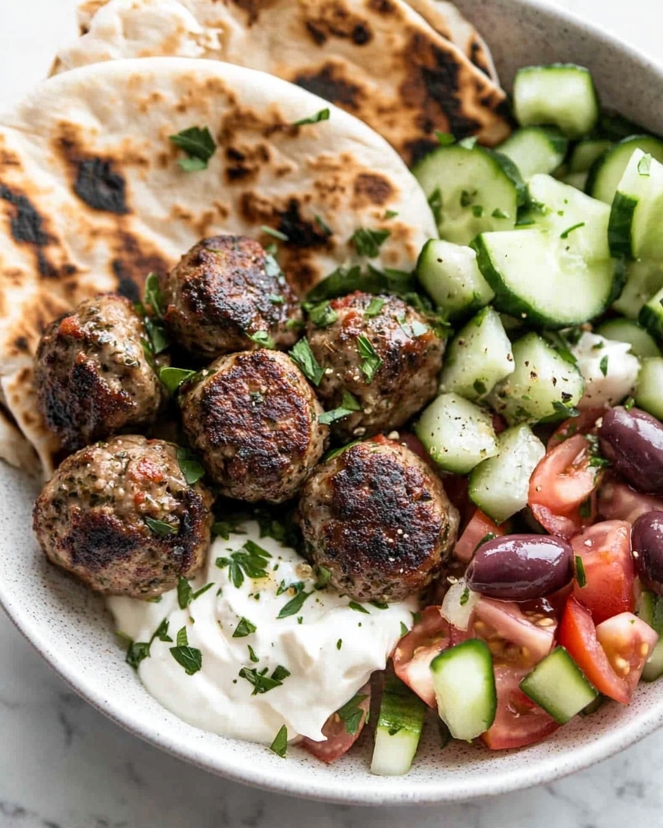 Greek Meatballs, Mediterranean meatball recipe, authentic Greek meatballs, easy Greek meatballs, flavorful meatball recipe A white oval plate filled with two layers of browned meatballs, each meatball having a slightly charred, crispy outside texture with a juicy, coarse surface. The meatballs are garnished with small pieces of fresh green herbs scattered evenly on top. The plate sits on a white marbled surface, and there are pieces of flatbread partially visible in the background.