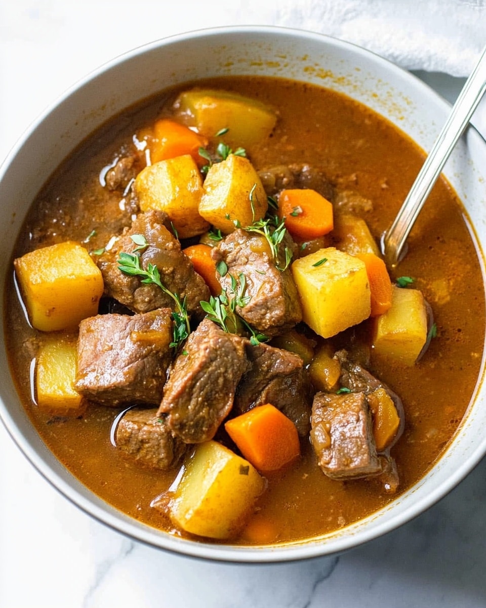 A deep bowl in white holds a thick stew with three main layers: large chunks of brown cooked meat, bright yellow potato pieces, and small orange carrot cubes, all mixed in a rich, brown broth. Fresh green herb leaves are scattered on top, adding a touch of color. A spoon rests inside the bowl on the right side, and a soft white cloth is partly visible in the background with a white marbled surface beneath. Photo taken with an iphone --ar 4:5 --v 6.1