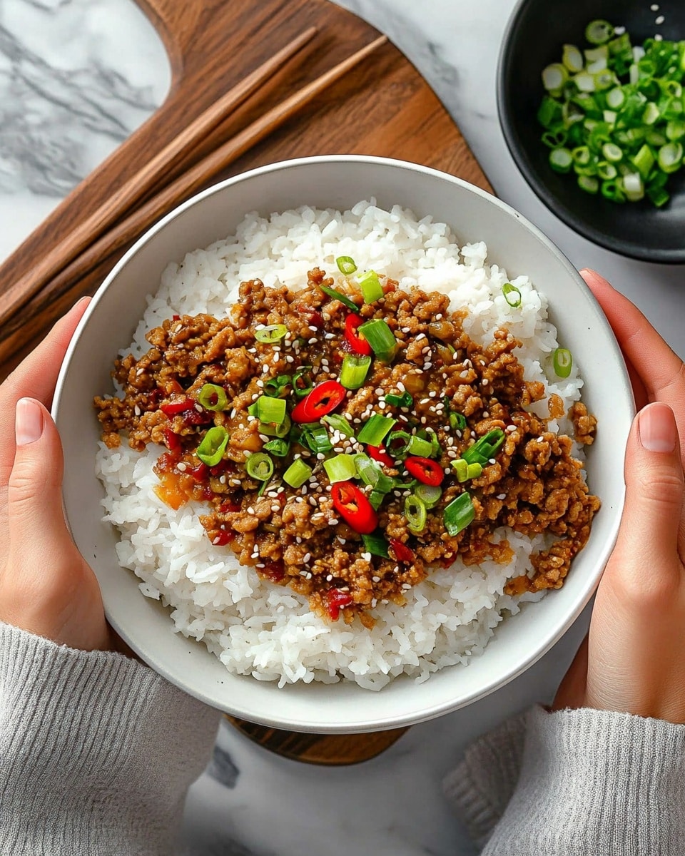 A grey bowl holds a dish with two main layers on a white marbled surface; the bottom layer is fluffy white rice with a slightly sticky texture, and the top layer is a mix of cooked ground meat in a brown sauce, with pieces of cooked onions and red chili peppers scattered throughout. The meat mixture is sprinkled with sliced green onions and white sesame seeds for garnish. A wooden spoon with a smooth dark brown handle is resting on the right side inside the bowl. A pair of wooden chopsticks wrapped with black material is placed on a wooden board underneath the bowl. A black and white striped cloth is partially visible in the background. Photo taken with an iphone --ar 4:5 --v 6.1