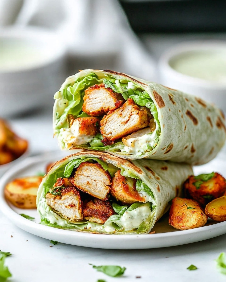 The image shows three stacked green wraps filled with grilled orange shrimp, green lettuce, and red bits inside, placed on a white plate. The top wrap is cut in half, showing the shrimp and fresh filling inside. A small white bowl with a light green sauce is next to the plate. The background is a white marbled surface with part of another white plate of food blurred in the back. A woman's hand is holding the plate near the bottom left corner. photo taken with an iphone --ar 4:5 --v 6.1