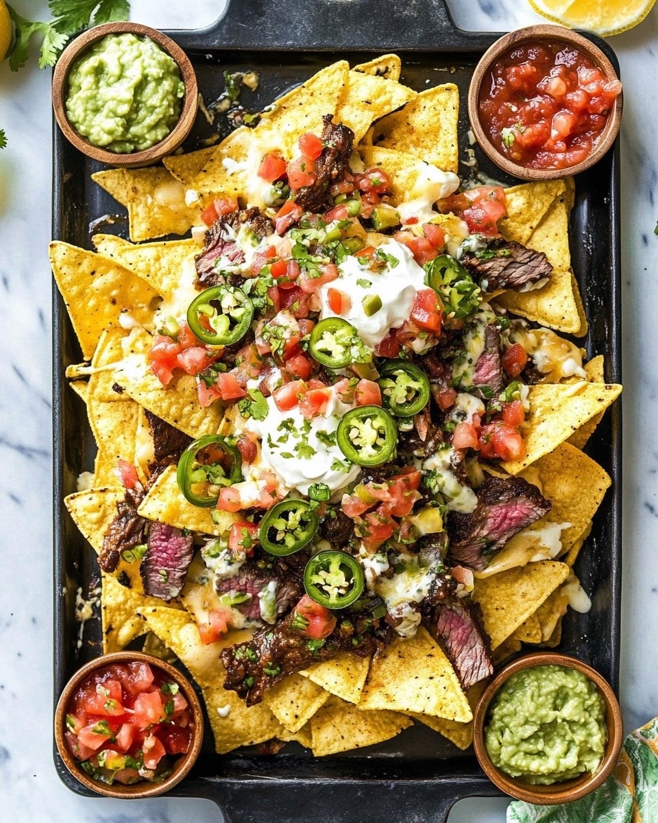 A black tray is filled with layered nachos made of crispy light yellow corn chips spread out at the bottom. On top, there are chunks of dark brown grilled meat scattered around. Bright red diced tomatoes and small black beans are spread evenly across the dish. Generous dollops of green guacamole and white sour cream add creaminess, positioned on top and in the center layers. Thin slices of pale green jalapeno peppers are placed around, adding a touch of spice. The tray sits on a white marbled surface. Photo taken with an iphone --ar 4:5 --v 6.1