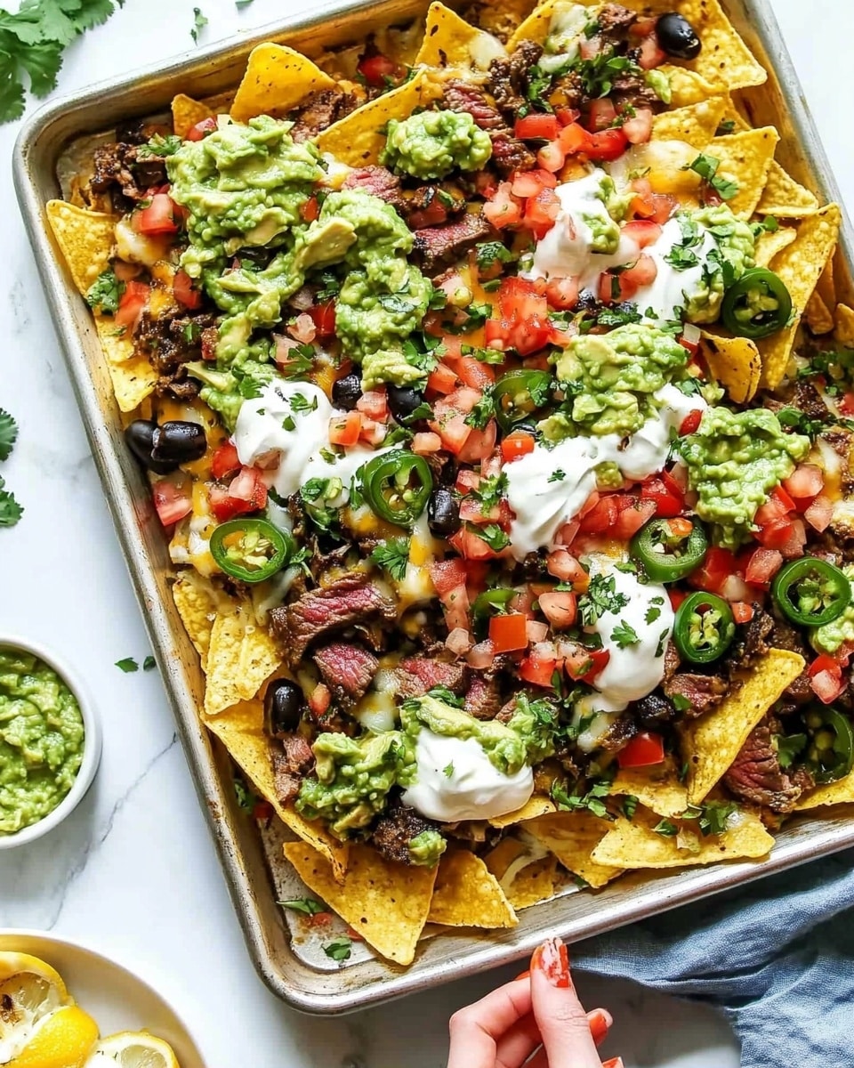 A large tray of nachos sits on a white marbled surface, filled with layers of yellow tortilla chips topped with small pieces of cooked steak, melted cheese, dollops of bright green guacamole, white sour cream drizzles, and scattered slices of green jalapeño peppers. Fresh chopped red tomatoes, green cilantro leaves, and black olives add more color and texture on top. To the side, a white plate holds a few loaded nacho chips with a woman's hand reaching in. Nearby, small white bowls hold fresh salsa, guacamole, and a grilled lemon half. The whole scene is bright and colorful with a casual feeding vibe, photo taken with an iphone --ar 4:5 --v 6.1