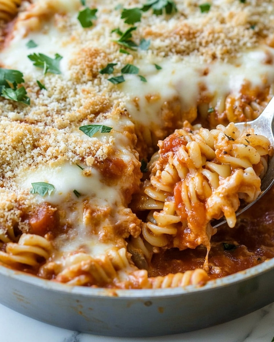 A close-up of a large metal pan filled with rotini pasta in a rich red tomato sauce as the base layer, topped with a thick layer of melted white cheese that is bubbly and slightly browned, sprinkled with a golden brown crumb topping, and garnished with small green parsley leaves scattered on top. A metal spoon is lifting some pasta, showing the sauce-coated spirals beneath the cheese. The pan sits on a white marbled surface. Photo taken with an iphone --ar 4:5 --v 6.1
