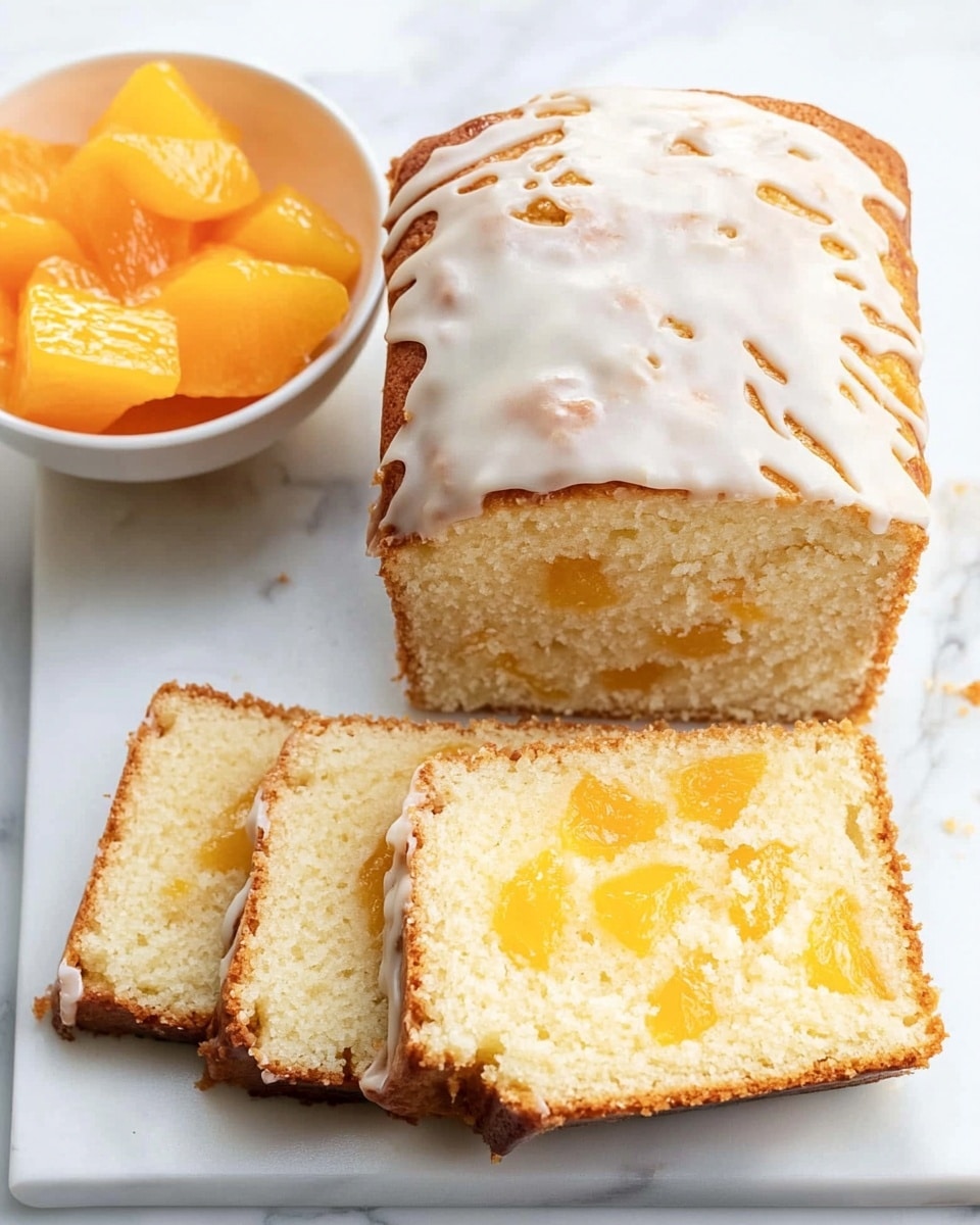 A rectangular loaf cake sits on a white marbled surface. The cake is golden brown with a moist texture, covered with a thick layer of white icing that drips down the sides in uneven streams. The top of the cake has slight ridges where the icing pools. In the background, there is a white bowl with a spoon inside, slightly blurred, adding depth to the image. The lighting is soft and natural, highlighting the cake’s shiny glaze and warm color. Photo taken with an iphone --ar 4:5 --v 6.1