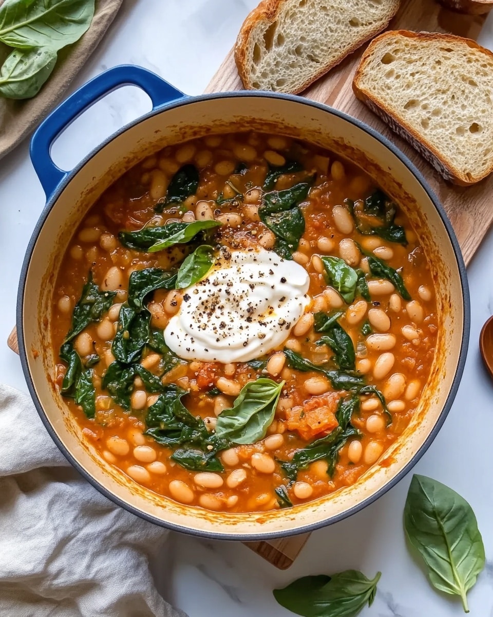 A blue pot holds a warm mixed bean stew with three layers: the base is a creamy orange broth filled with soft white beans; scattered throughout are bright green spinach leaves adding texture and color; on top sits a dollop of white cream sprinkled with black pepper, garnished with fresh green basil leaves. The pot is on a white marbled surface next to slices of brown bread on a wooden board, with a brown spoon placed nearby and a woman's hand visible at the top right corner. Photo taken with an iphone --ar 4:5 --v 6.1