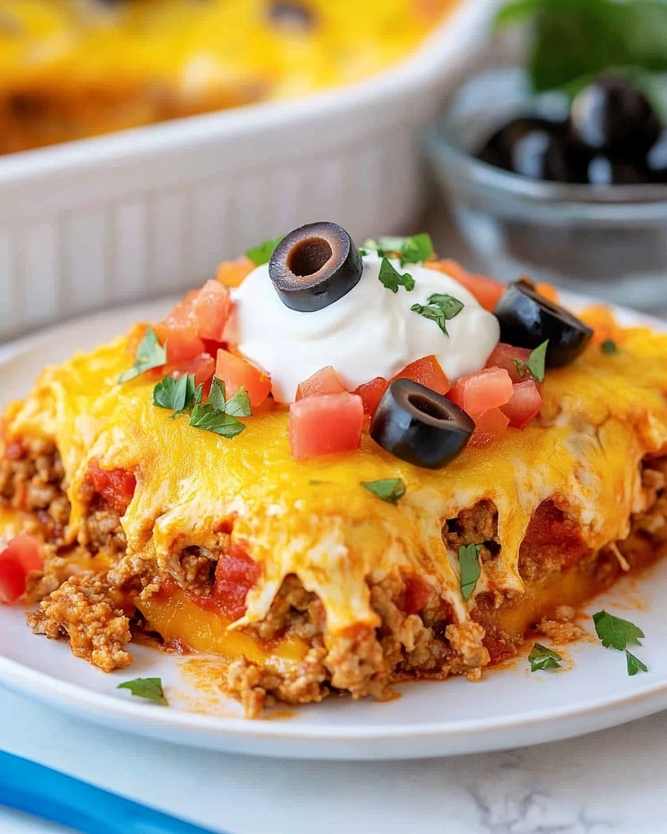 The image shows a white plate on a white marbled surface with a serving of layered cheesy beef dish. The bottom layer is a brown, cooked ground beef mixture. On top, there is a bright orange melted cheese layer that stretches as a fork lifts a piece. The dish is garnished with chopped red tomatoes, a few black olive slices, a dollop of white sour cream, and sprinkled green herbs. In the background, there is a white baking dish filled with more of the cheesy beef layered dish. A woman's hand holds the fork lifting a cheesy bite. photo taken with an iphone --ar 4:5 --v 6.1