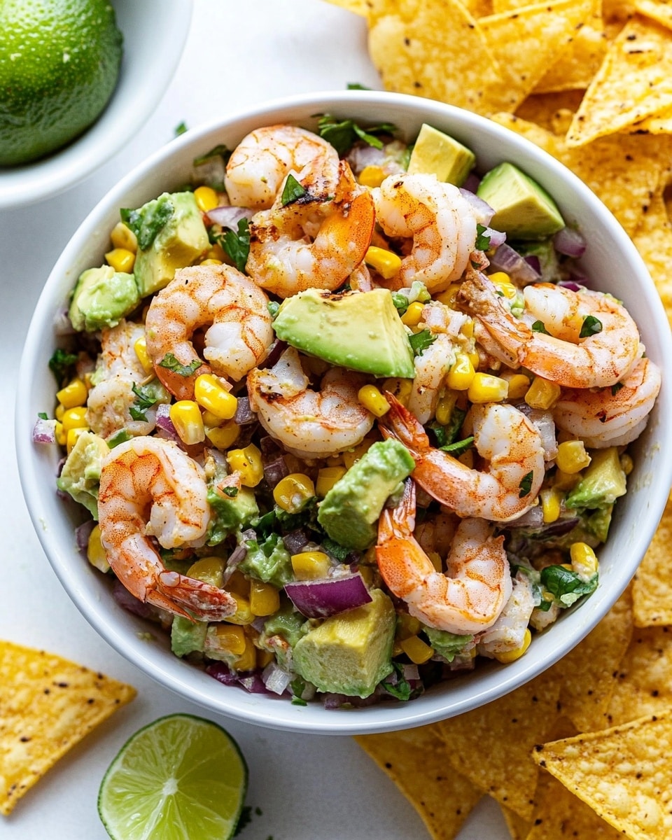 A white bowl filled with a colorful shrimp salad made of small pink shrimp, bright green avocado chunks, yellow grilled corn kernels, and pieces of red onion, all mixed and sprinkled with a light seasoning. The bowl is placed on a white marbled surface, surrounded by golden brown tortilla chips with a slightly rough texture, scattered casually around. To the side, there is a white bowl with lime wedges adding a fresh green touch to the scene. The setting is bright and fresh, showing the vibrant colors and textures clearly. Photo taken with an iphone --ar 4:5 --v 6.1