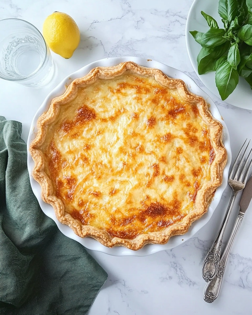 A round pie with a crimped golden-brown crust sits in a white ceramic dish, filled with a melted, lightly browned cheese layer on top that shows a slightly textured surface. The dish rests on a green cloth, placed on a white marbled surface. To the left, there is a clear glass of water with a thin lemon slice inside. To the right, two vintage silver forks lie next to the dish on the white marbled surface, near a white plate holding a bunch of fresh green basil leaves and a red tomato on the side. photo taken with an iphone --ar 4:5 --v 6.1
