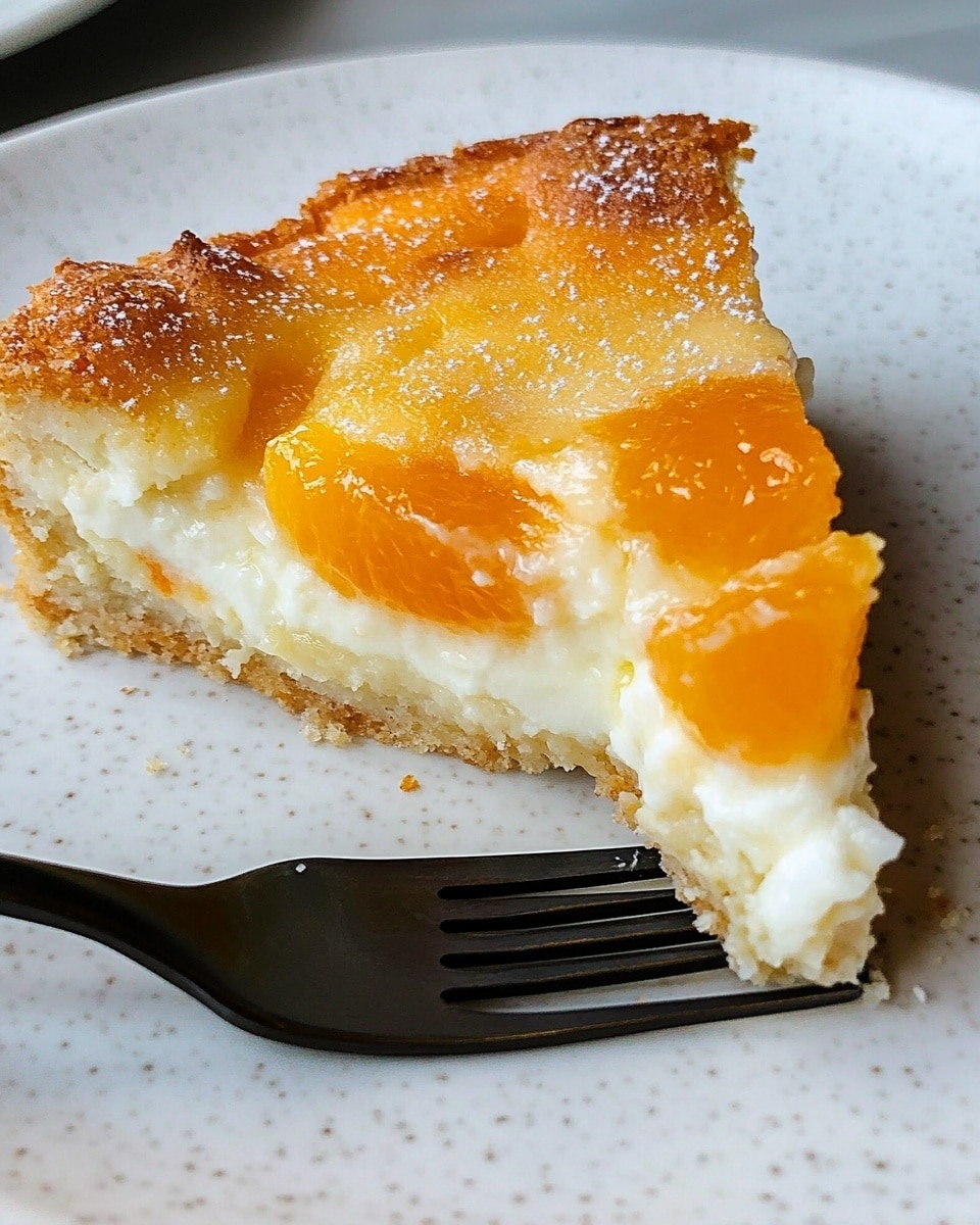 A white scalloped pie dish holds a golden-brown baked dessert with a crisp top layer, slightly uneven in texture with small darker spots and a lightly caramelized edge. One wedge is missing from the dish, revealing a soft, creamy filling beneath the crust. On the side, a beige plate displays the removed pie slice that has a thick golden crust on top and a pale, moist filling with pieces of bright orange fruit visible inside. A silver fork with a small piece of the pie rests on the plate. The dish and plate sit on a white marbled surface with a striped beige cloth and a serrated knife nearby. Photo taken with an iphone --ar 4:5 --v 6.1
