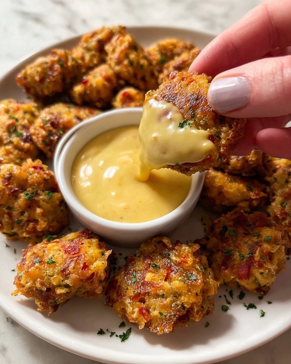A white plate filled with small, crispy, golden brown nuggets with green herbs sprinkled on top, placed on a white marbled surface. In the foreground, a woman's hand holds one nugget dipped in thick, creamy, light yellow sauce from a small white bowl in the center of the plate. The nuggets have a textured surface with bits of red and orange visible inside. photo taken with an iphone --ar 4:5 --v 7
