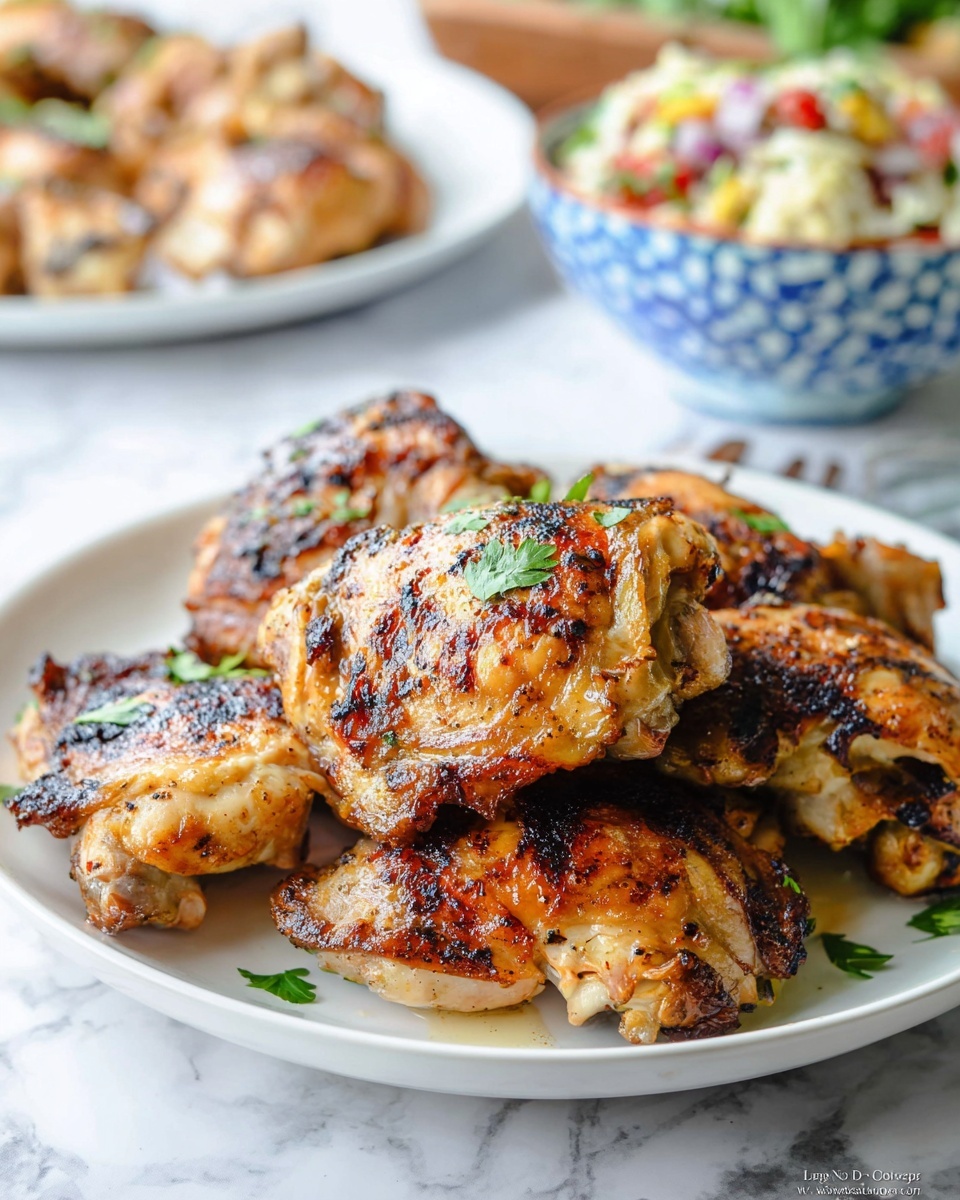 A white plate holds a pile of six grilled chicken thighs with golden-brown, crispy skin showing char marks and a slightly shiny texture from the cooking oil. The chicken pieces are layered unevenly, some stacked on top of each other, with small green parsley leaves scattered over the top for garnish. In the blurred background, there is another white plate with food and a blue patterned bowl with a mixed salad. Everything sits on a white marbled surface. photo taken with an iphone --ar 4:5 --v 7