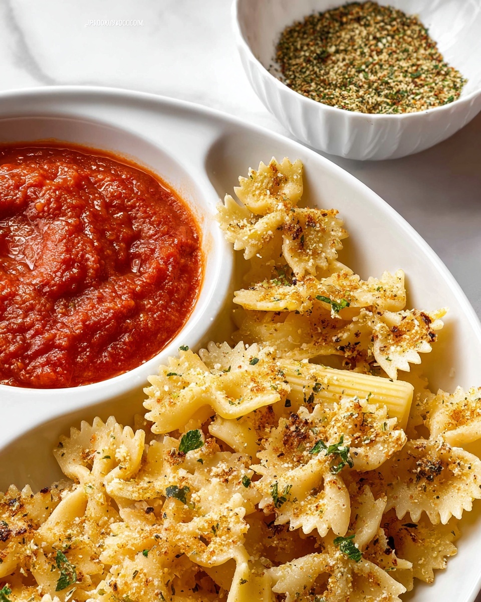 The image shows a white divided plate with two sections. The larger section contains a mix of farfalle and rigatoni pasta, baked to a light golden brown with some edges crispy and slightly darker. The pasta is sprinkled with small green herbs. The smaller section holds a thick red marinara sauce with a smooth texture and a few chunkier tomato pieces visible. In the background, a white bowl with green, beige, and red mixed dry seasoning is partly visible, placed on a white marbled surface. Photo taken with an iphone --ar 4:5 --v 7