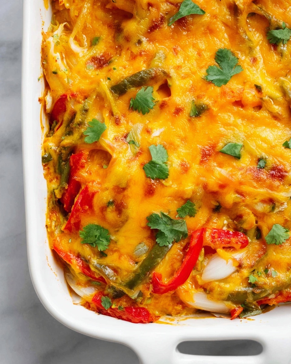 A close-up view of a baked dish in a white rectangular dish with handles, showing two main layers visible from the sides and top. The bottom layer has sliced vegetables including red and green bell peppers, with some white pieces peeking through, likely chicken or onions. The top layer is covered with melted orange-yellow cheese that stretches slightly and has a smooth, creamy texture with slight browning at the edges. Garnished with small green cilantro leaves scattered evenly on top, the dish glistens with warmth. The background is a white marbled texture. photo taken with an iphone --ar 4:5 --v 7